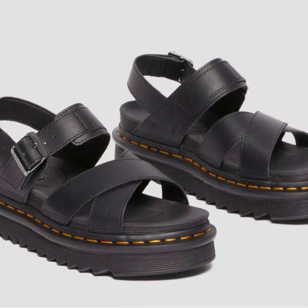 Dr. Martens Black Leather Platform Sandals with Yellow Stitching